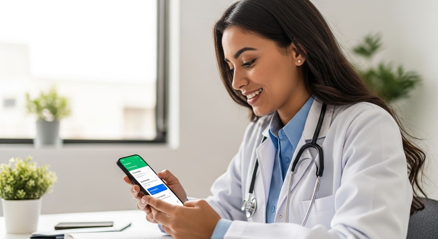 Médica estudando no smartphone com o app Revalida Resolve